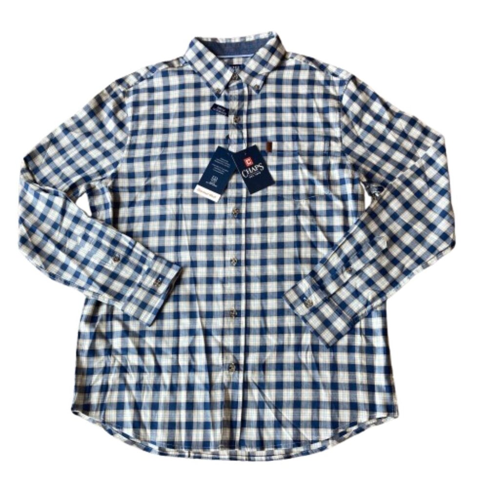 Chaps Seacoast Wash Button Down Plaid Shirt Men's Medium M Dark Denim NWT